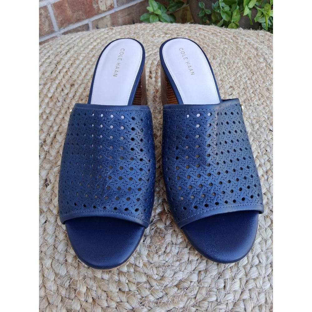 COLE HAAN Daina Open Toe Leather Mules Clogs Sandals Marine Blue 9.5 Boho - Picture 2 of 16